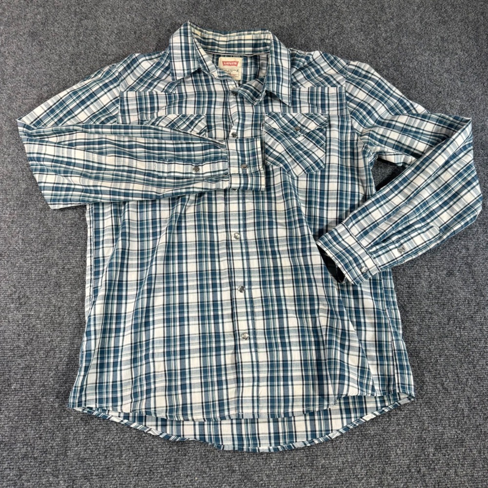 Levis Mens Modern Western Plaid Pearl Snap Long Sleeve Shirt Teal Navy White‎ M
